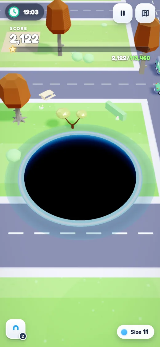 Hungry Hole 3D gameplay — a black hole swallowing a suburban street