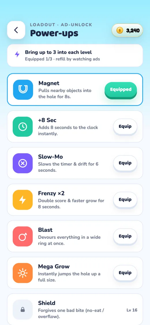 Power-ups screen